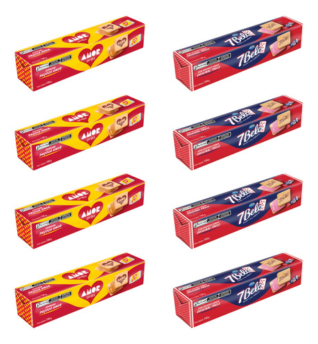 Kit 4 Biscoito Arcor Paçoca Amor + 4 Biscoito 7 Belo 130g