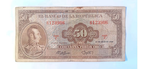 Billete Cincuenta Pesos Oro / 20 De Julio De 1958