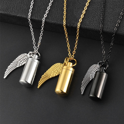 Dije Collar Para Cenizas Acero Urna Cremación Tubo Con Alas Color Negro