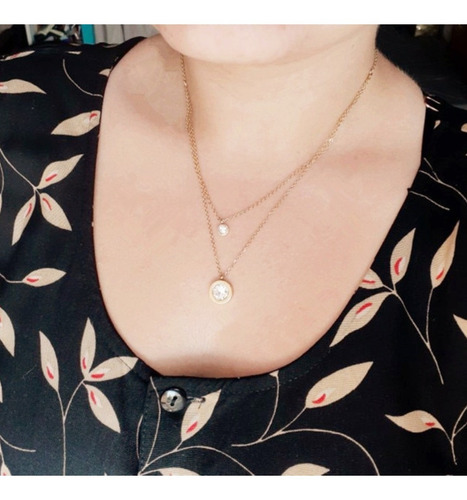 Imagen 5 de 7 de Collar Multicapa Mujer Doble Dije Cristales Acero Chapa Oro