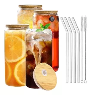 Vaso De Vidrio Con Tapas De Bambu Y Pajitas 16 Oz 4pcs