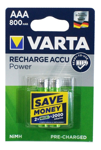 Pilas Recargables Varta Aaa 800mah 1.2v X 2u Ni-mh Pre Carga