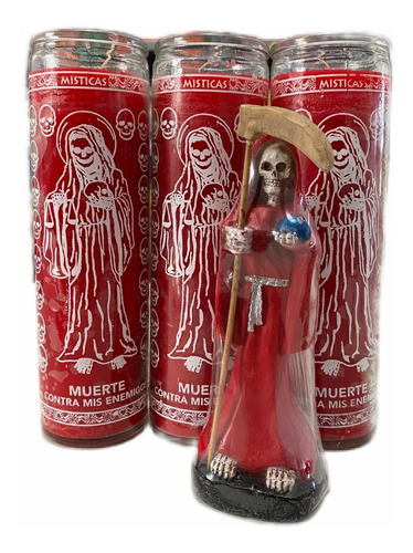 Veladoras Santa Muerte Roja + Figura Santa Muerte Roja 16 Cm