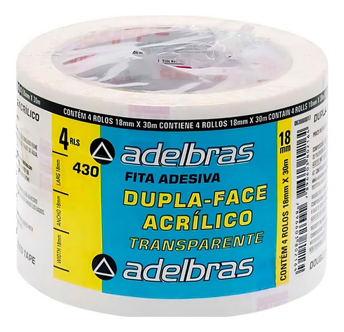 Fita Dupla Face Com 4 Rolos Transparente 18mm X 30m Adelbras