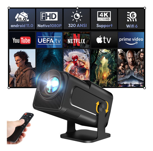 Hocosit Proyector Hy320 Mini Black 1080p Full HD, 12000 lm, Wi-Fi e Bluetooth, HDMI, LED, zoom digital, controle remoto, design compacto, consumo de energia de 100 W.