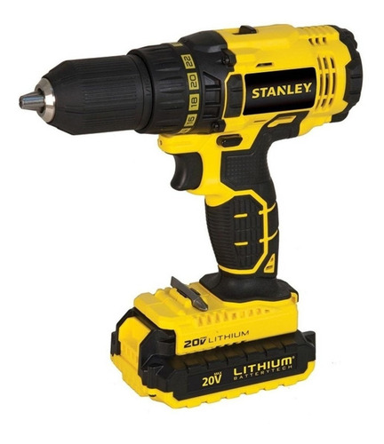 Taladro atornillador inalámbrico de 13mm Stanley SCD20C2 20V + accesorio con caja de cartón 120V 60Hz