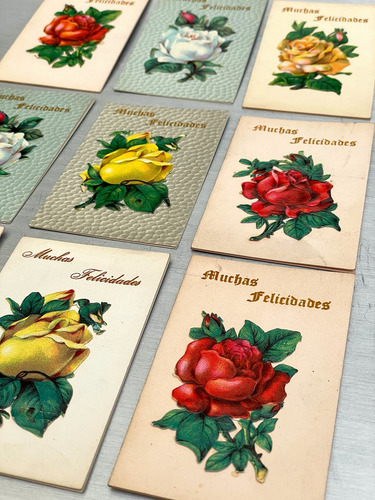 Antiguo Lote De Tarjetas Felicitaciones Con Flores En Cromo (Usado)