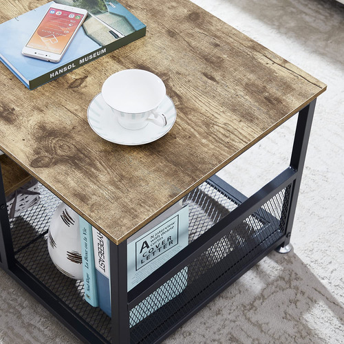 Mesa Central Gris Con Almacenamiento Estante De Malla 100 Cm