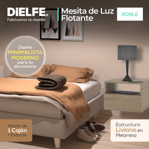 Mesa De Luz Flotante Mesita Con Cajon Y Estante Moderna Dielfe MLF040 Color Roble Bardolino