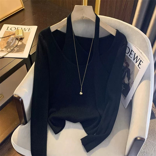 Camiseta De Manga Larga Con Cuello Halter De Dos Piezas De T
