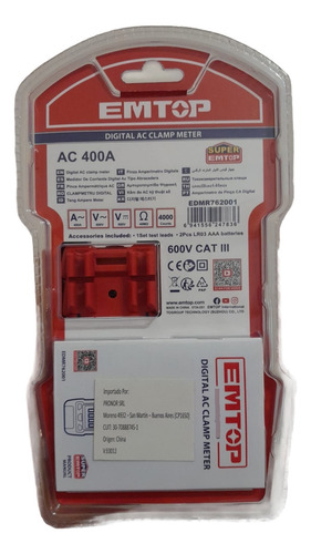 Pinza Amperometrica Ac400a - 4000 Counts Dc/ac600v Emtop