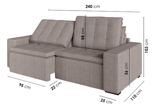 Sofá Cama Retrátil E Reclinável 4 Lugares 240cm Em Linho