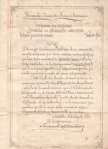 Título Acción 60 Pesos 1874 Mineral Y Tesoro De Nare Samaná