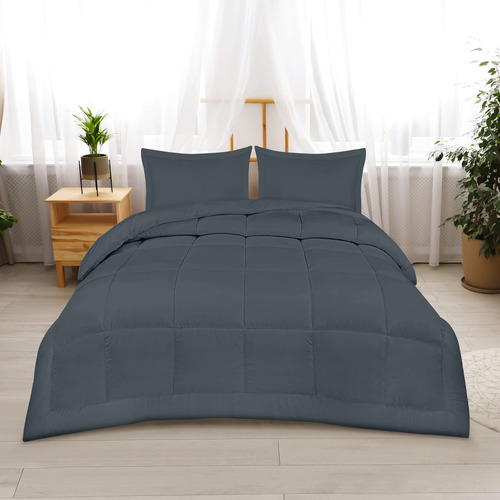 Juego De Edredon Microfibra Calida Suave Gris Queen Size