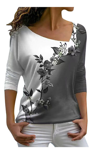 Camiseta G Con Cuello En V Y Estampado De Flores Sueltas De