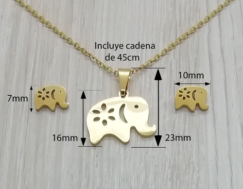 Imagen 4 de 5 de Collar Y Aretes Diseño Elefante Oro Laminado 22 K M3133