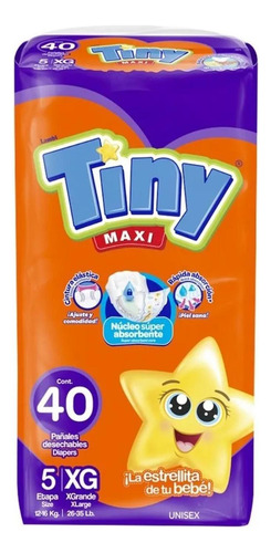 Pañal Tiny Maxi,nucleo Super Absorbente,etapa 5,talla Xg,40p