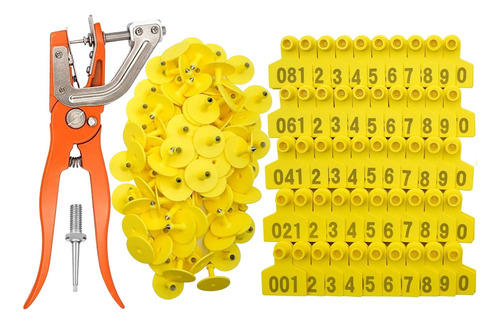 Alicate Hidráulico + 100 Brincos Grandes Bovinos Numerados Cor Amarelo