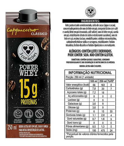 Kit Cappuccino Power Whey Clássico 3 Corações 6 Un 250ml