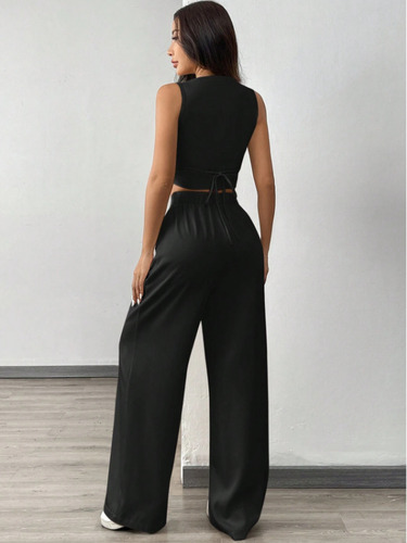 Palazzo Conjunto De 2 Piezas Traje Para Mujer Chaleco Y Pant Negro M