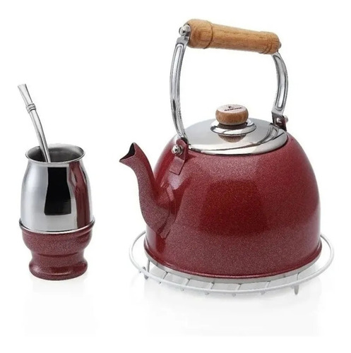 Set Matero Gamuza Country Pava + Mate + Bombilla Color Bordo