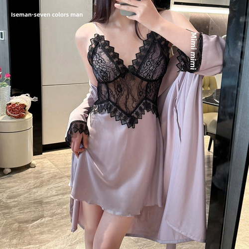 Conjunto De Pijamas De Seda Con Ribete De Encaje Para Mujer