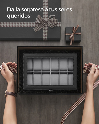 Caja De Relojes Songmics Con 12 Compartimentos Color Cuero Sintético Negro Forro Gris