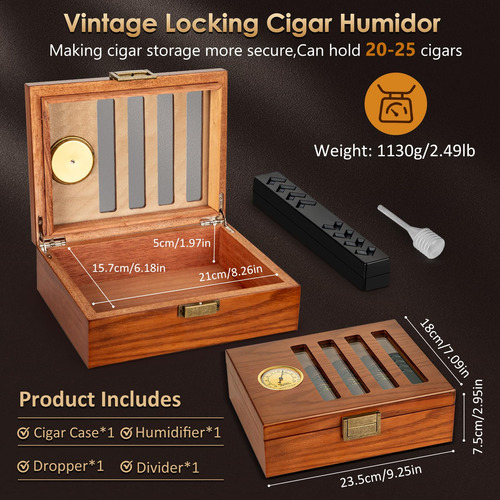 Humidor De Cedro Con Cerradura Y Ventana, Para 25 Puros