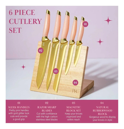 Cuchillos Paris Hilton Set Rosa,bloque Con Iman 6pzs Rosa