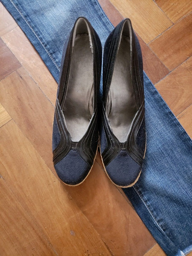 Zapatos Negros Taco Chino Gamuza Cuero Y Yute 37 Impecables