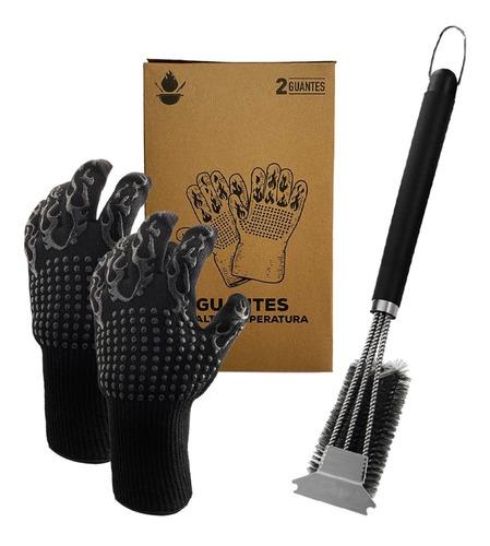 Pack Set Cepillo Inox + 2 Guantes Alta Temperatura Asado Bbq