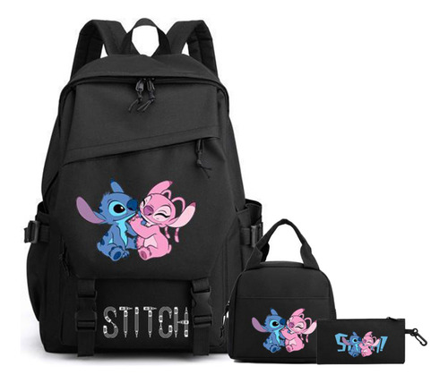 Mochila Hui Lilo And Stitch, Set De Tres Piezas, Color Negro