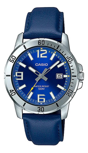Relógio Masculino Casio Prata E Azul Data Pulseira De Couro