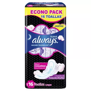 Toallitas femeninas Always Suave Noches Tranquilas Nuevo Diseño con alas 16 u