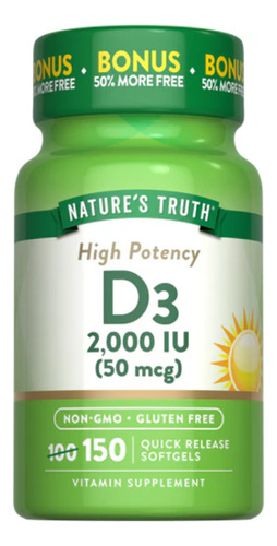 Nature's Truth Vitamina D3 2000 Ui (50 Mcg), 150 Cápsulas