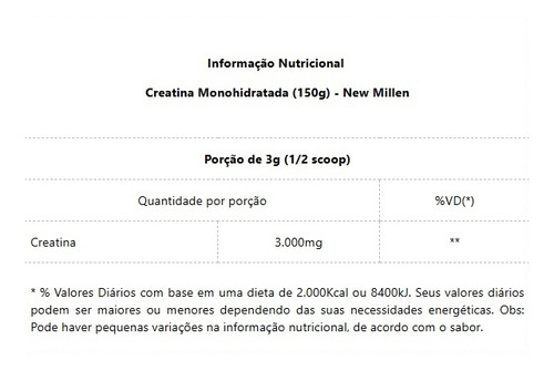 Creatina Monohidratada New Millen (150g) Sem Sabor Sem Sabor