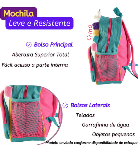 Mochila Criança Menina Costa Cor Rosa Desenho Unicórnio 3d