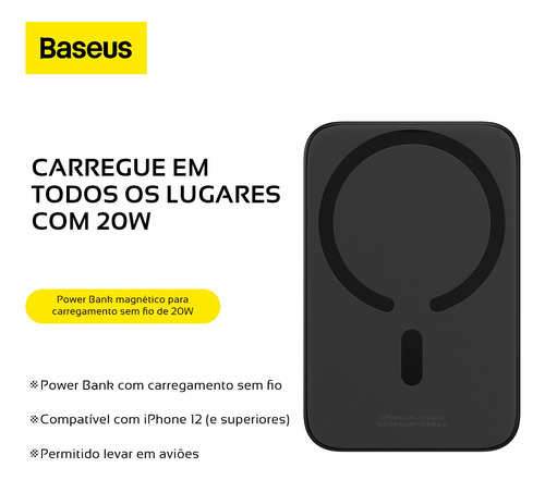 Carregador Portátil Magsafe Baseus 6000mah 20w Turbo iPhone Cor Preto