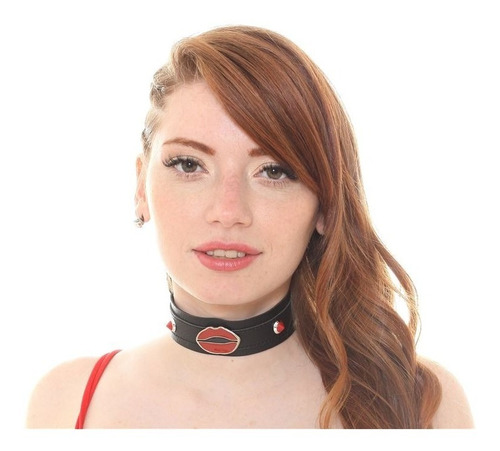 Collar Choker Urbano Gargantilla Cuero Eco Boca Roja - Fun*