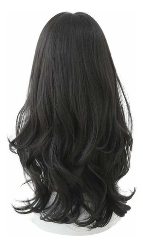 Peluca Larga Rizada Negra Natural Con Flequillo Para Mujer