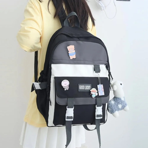 Mochila Escolar Paseo Importada Impermeable Llavero Animales Negro, Gris Y Blanco Llavero Llama