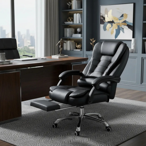 Cadeira De Escritório Presidente Ergonômica Python Fly Couro Sintético Encosto Ajustável Com Trava E Apoio Para Pés Cor Preta Preto