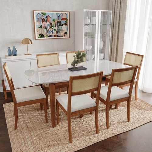 Conjunto Mesa De Jantar Tampo Vidro E Mdf 1,80m E 6 Ce