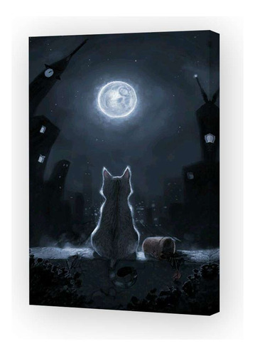 Cuadro 16x24cm Animal Gato Mirando La Luna Llena Dibujo