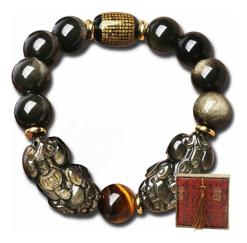 Pulsera Obsidiana Dorada Para Riqueza Feng Shui Pixiu Piyao