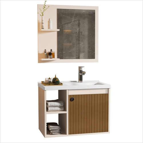 Conjunto Gabinete Espelheira Cuba Adones - Cores Perola/ripado Branco Três Furos