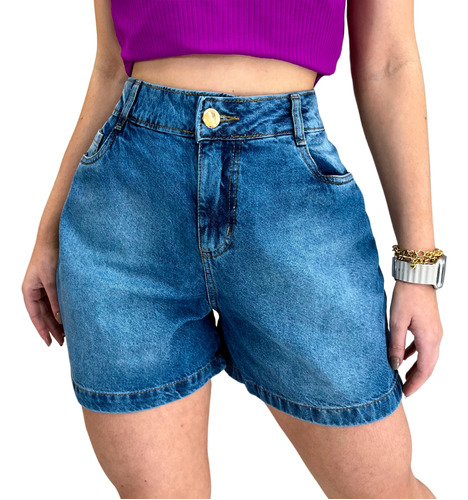 Short Jeans Mom Bermuda Soltinha Cintura Alta Barra Dobravel