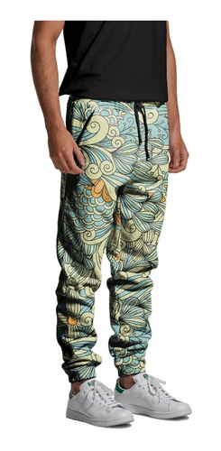 Calça Jogger Moletom Japão Oriental Retro Vintage Floral