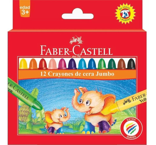 Imagen 1 de 3 de Set De 12 Crayones Cera Jumbo Colores Dibujar Faber Castell