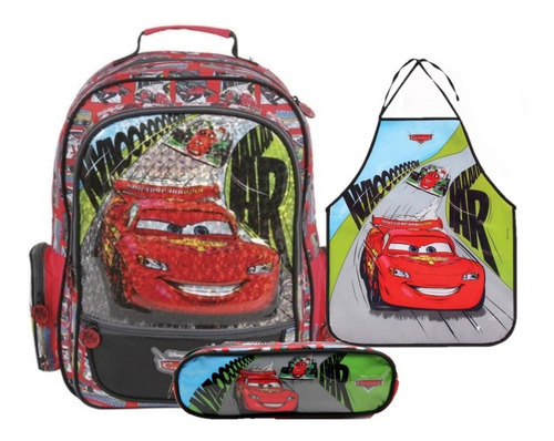 Mochila Escolar Carros Metallic 36993 + Estojo + Avental